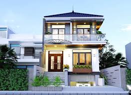 Nhà hiện đại hai tầng có ban công, cửa sổ lớn và cây xanh xung quanh, kiến trúc sáng tạo và thoáng đãng.