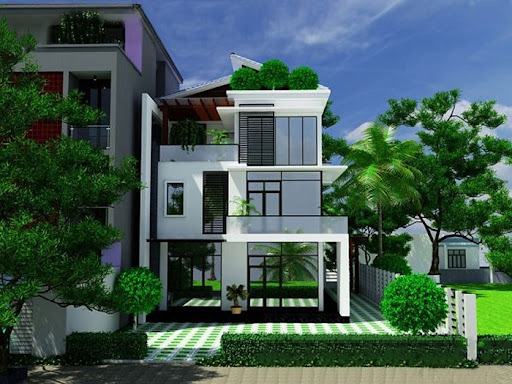 Nhà hiện đại 3 tầng với thiết kế nhiều cây xanh xung quanh, mặt tiền thoáng đãng và không gian mở.