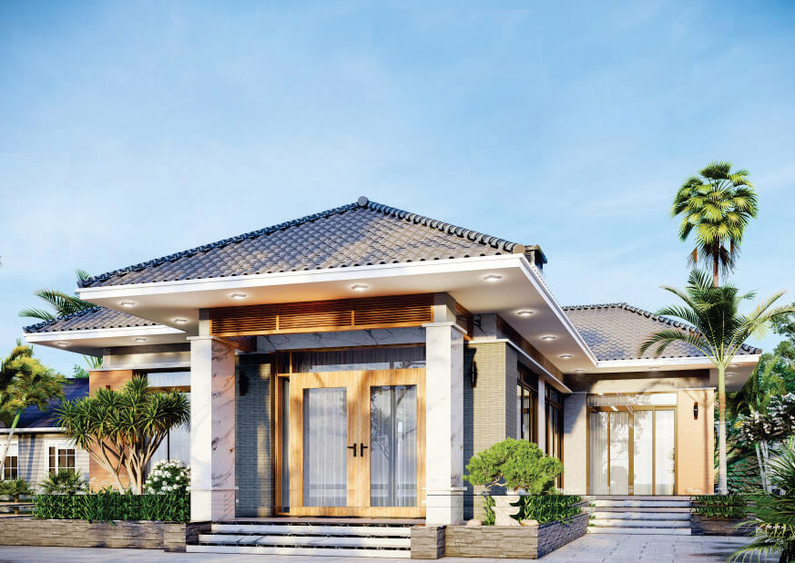 Biệt thự hiện đại với mái ngói xanh, cửa chính bằng gỗ và cây cọ xung quanh dưới bầu trời xanh trong.