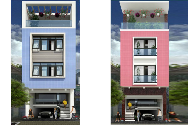 Hai ngôi nhà liền kề màu xanh và hồng, thiết kế hiện đại với ban công cây xanh và cửa sổ lớn.