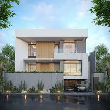 Nhà hiện đại hai tầng với cửa kính lớn, cây xanh xung quanh, thiết kế đẹp mắt vào ban ngày.