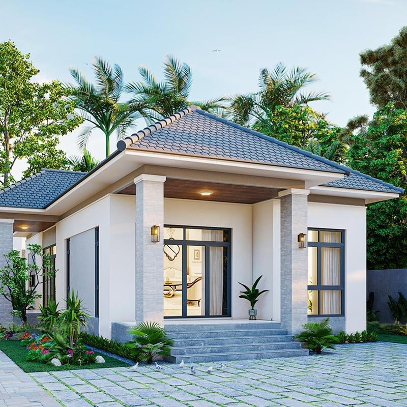 Biệt thự hiện đại với mái ngói xanh, sân vườn xanh tươi và không gian mở trong lành.