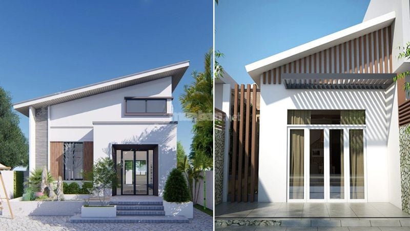 Ngôi nhà một tầng với mái lệch hiện đại, cửa kính lớn, bao quanh bởi cây xanh, tạo ra không gian thoáng đãng, ngập tràn ánh sáng tự nhiên.