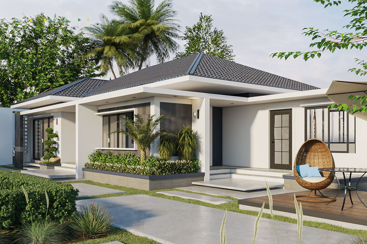 Căn nhà hiện đại với mái tôn màu xanh lá cây, sân vườn thoáng đãng, ghế treo thư giãn ngoài trời.