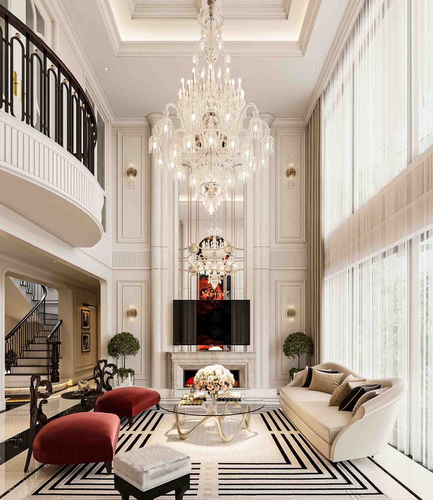 Phòng khách sang trọng với đèn chùm pha lê, ghế sofa trắng và nội thất thanh lịch, thiết kế hiện đại và tinh tế.