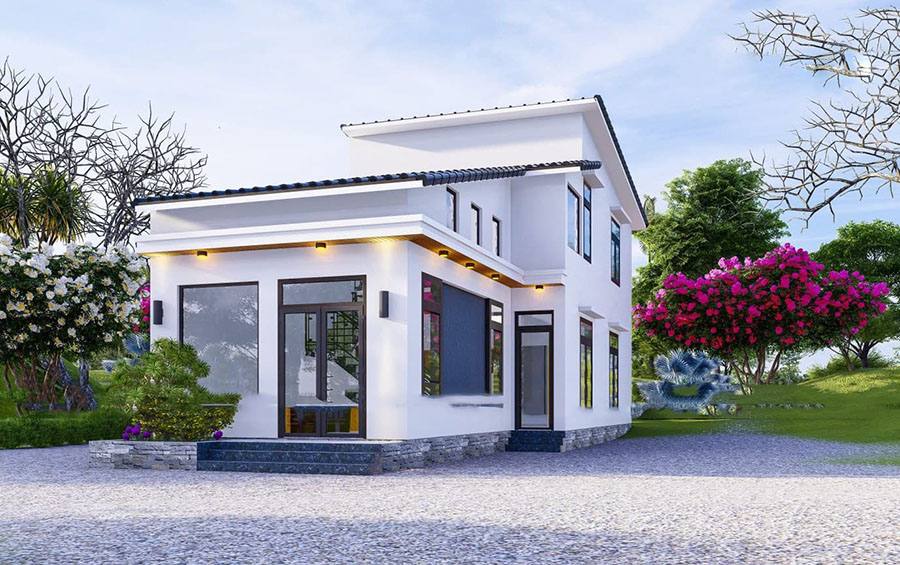 Nhà vườn hiện đại hai tầng với mái lệch giữa vườn cây hoa lá xanh tươi.