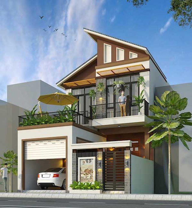 Nhà hai tầng hiện đại với ban công, cây xanh và ô tô phía trước. Trời xanh và chim bay trên cao.