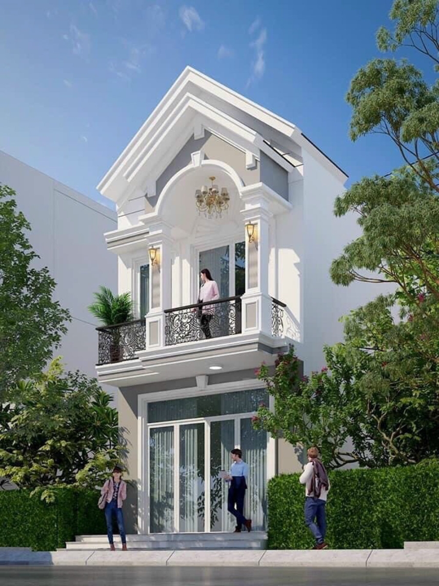 Nhà phố hai tầng hiện đại với ban công và cây xanh, thạch cao trắng, cửa kính lớn, trời xanh.