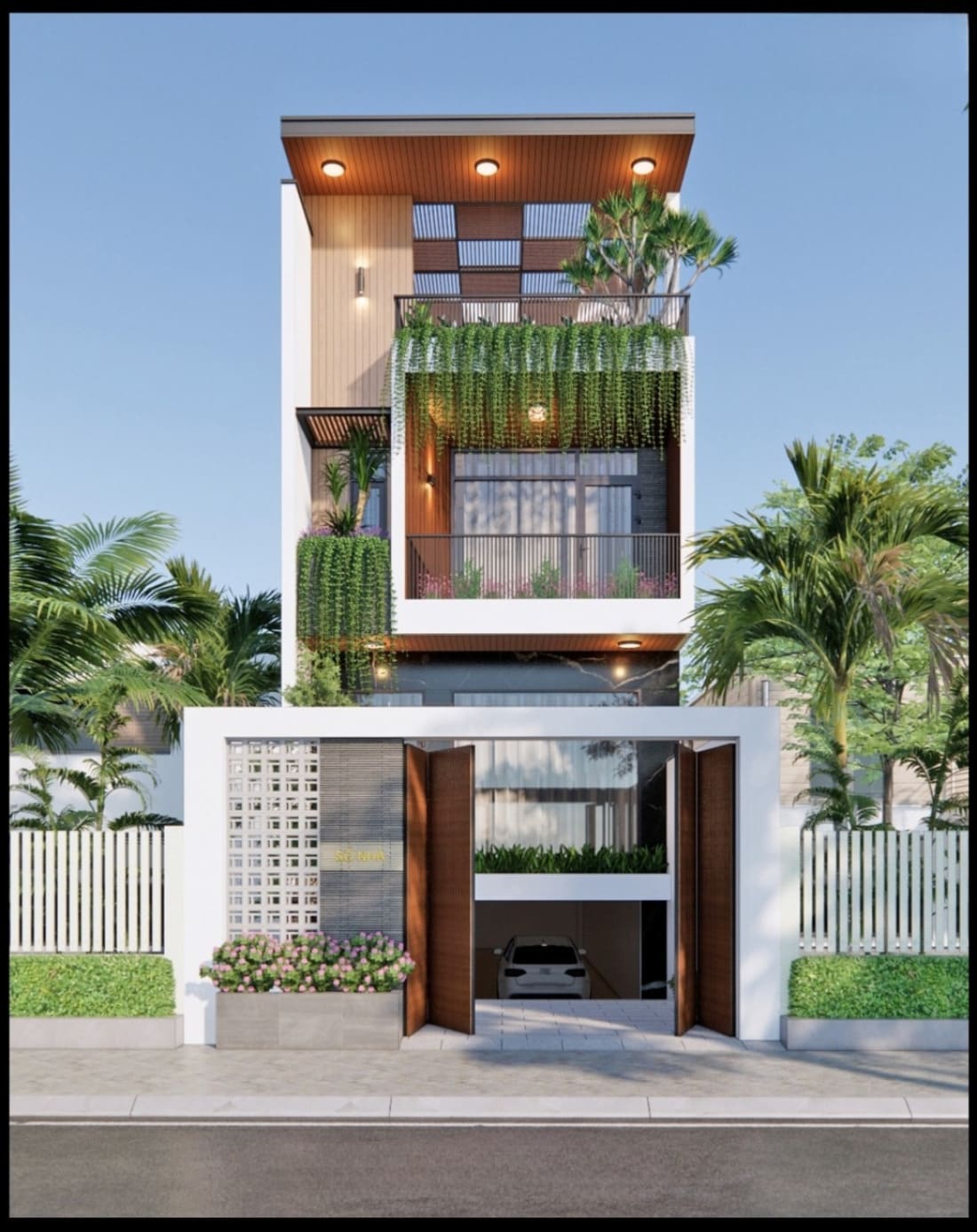 Nhà phố hiện đại ba tầng với cây xanh trang trí và cửa gỗ, mặt tiền thoáng mát, thiết kế tối giản.