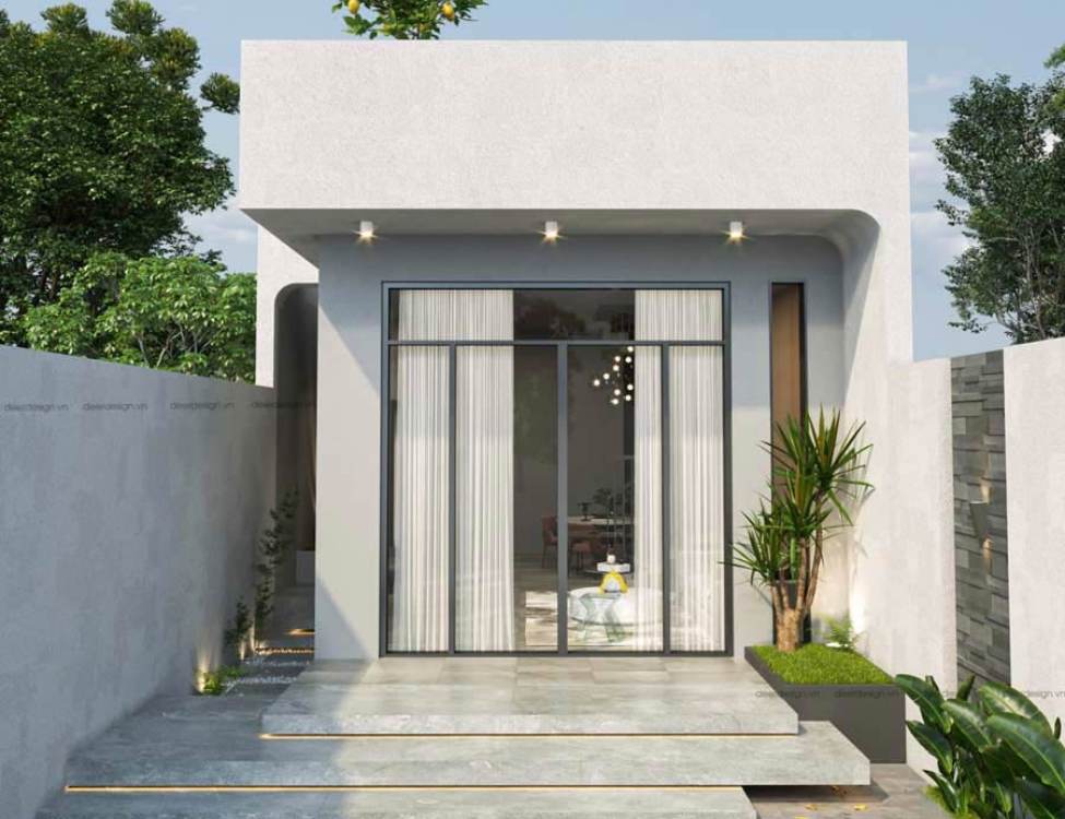 Nhà cấp 4 mang phong cách hiện đại với cửa kính lớn, cây xanh bao quanh và ánh sáng tự nhiên tràn ngập.