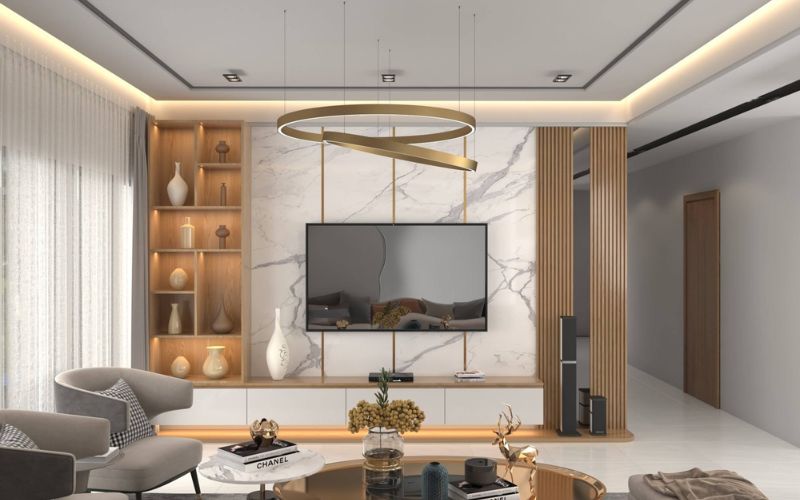 Phòng khách hiện đại với nội thất sang trọng, đèn chùm độc đáo, kệ tivi và trang trí kệ gỗ tối giản.