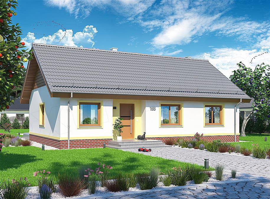 Ngôi nhà một tầng với mái ngói, sân vườn xanh tươi và lối đi lát gạch dưới bầu trời xanh biếc.