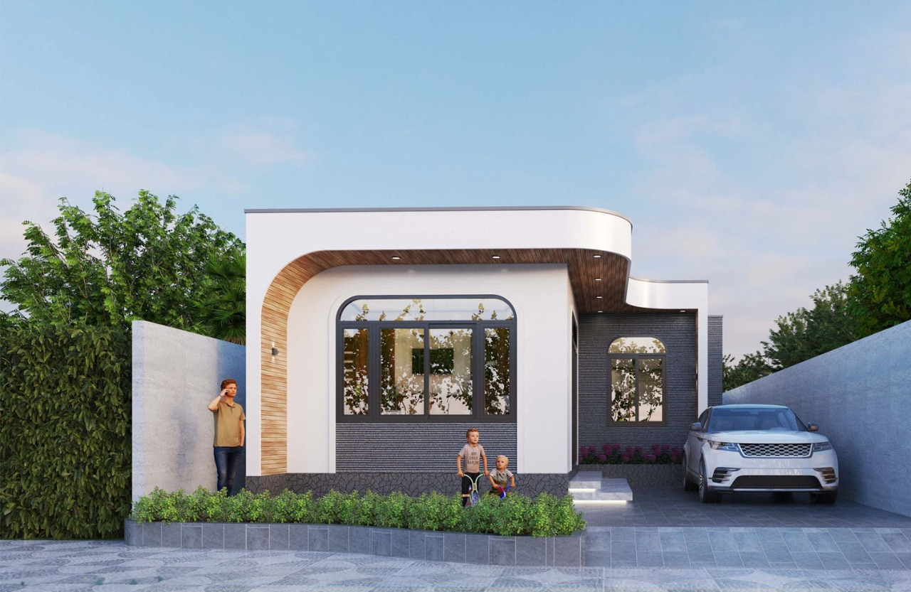 Ngôi nhà với thiết kế cong hiện đại, xe ô tô trắng đỗ sẵn bên cạnh, cây cối tươi tốt xung quanh, hai trẻ nhỏ chơi trước cửa sổ.