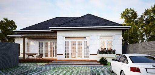 Ngôi nhà hiện đại một tầng với sân rộng, mái ngói đen và xe ô tô trắng trước cửa.