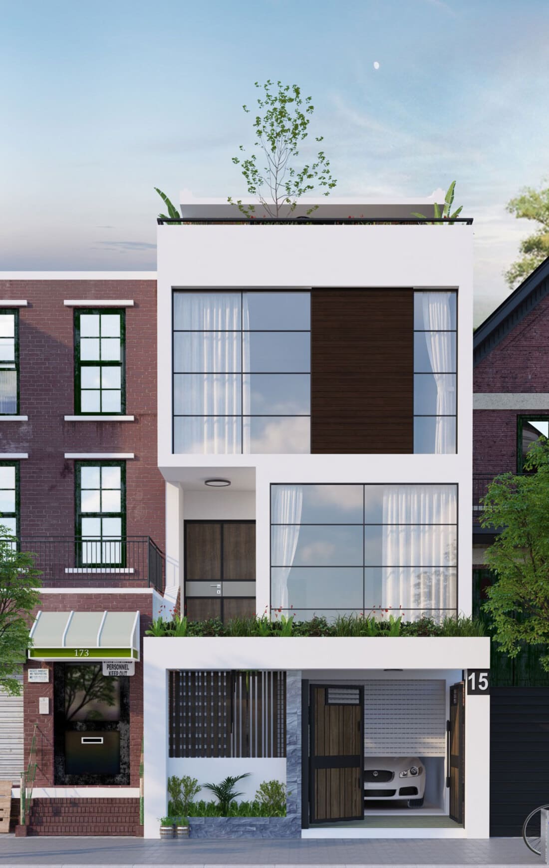 Ngôi nhà ba tầng với thiết kế đương đại, cây xanh trên sân thượng, mặt tiền kính và cửa gỗ.