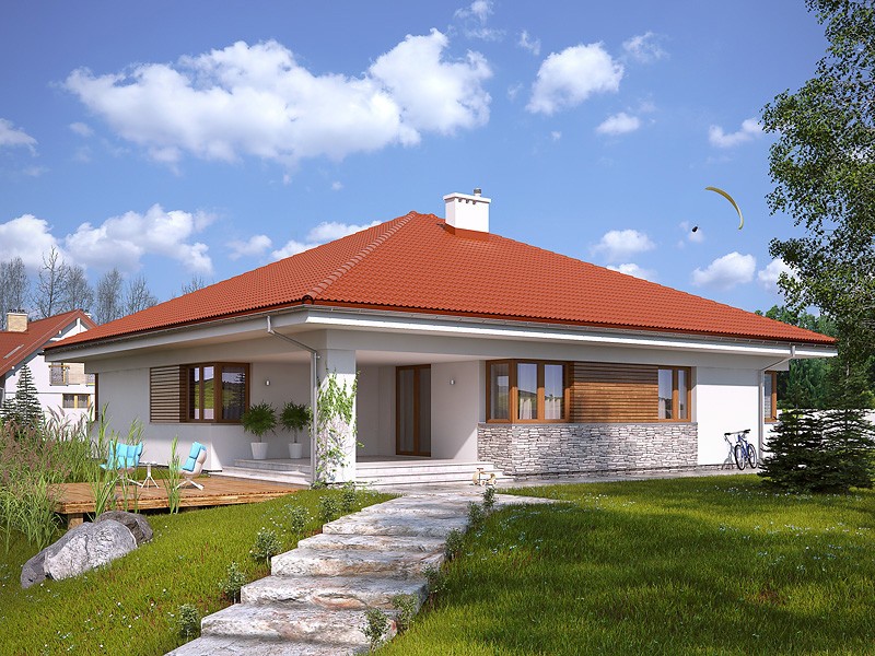 Căn nhà một tầng hiện đại với mái ngói đỏ, bãi cỏ xanh mướt và trời xanh ngắt.