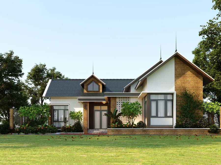 Nhà cấp 4 mái Thái hiện đại, sân vườn rộng, cây xanh xung quanh, tường gạch nâu và trắng, cửa kính lớn.