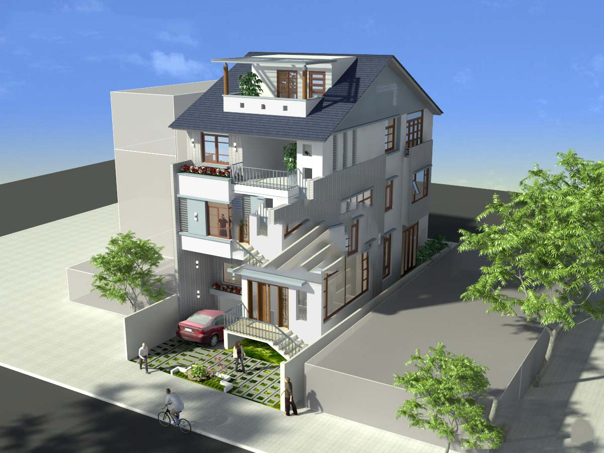 Nhà phố ba tầng với sân vườn, cây xanh và ô tô đậu phía trước, kiến trúc tiện nghi và sang trọng.