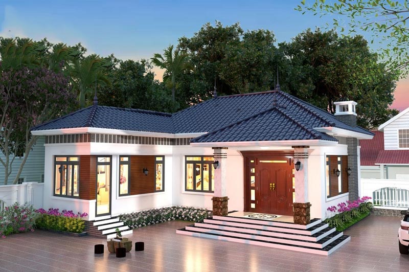 Nhà cấp 4 hiện đại với mái ngói xanh, sân vườn rộng và cửa kính lớn, tạo không gian sống thoáng đãng và thoải mái.