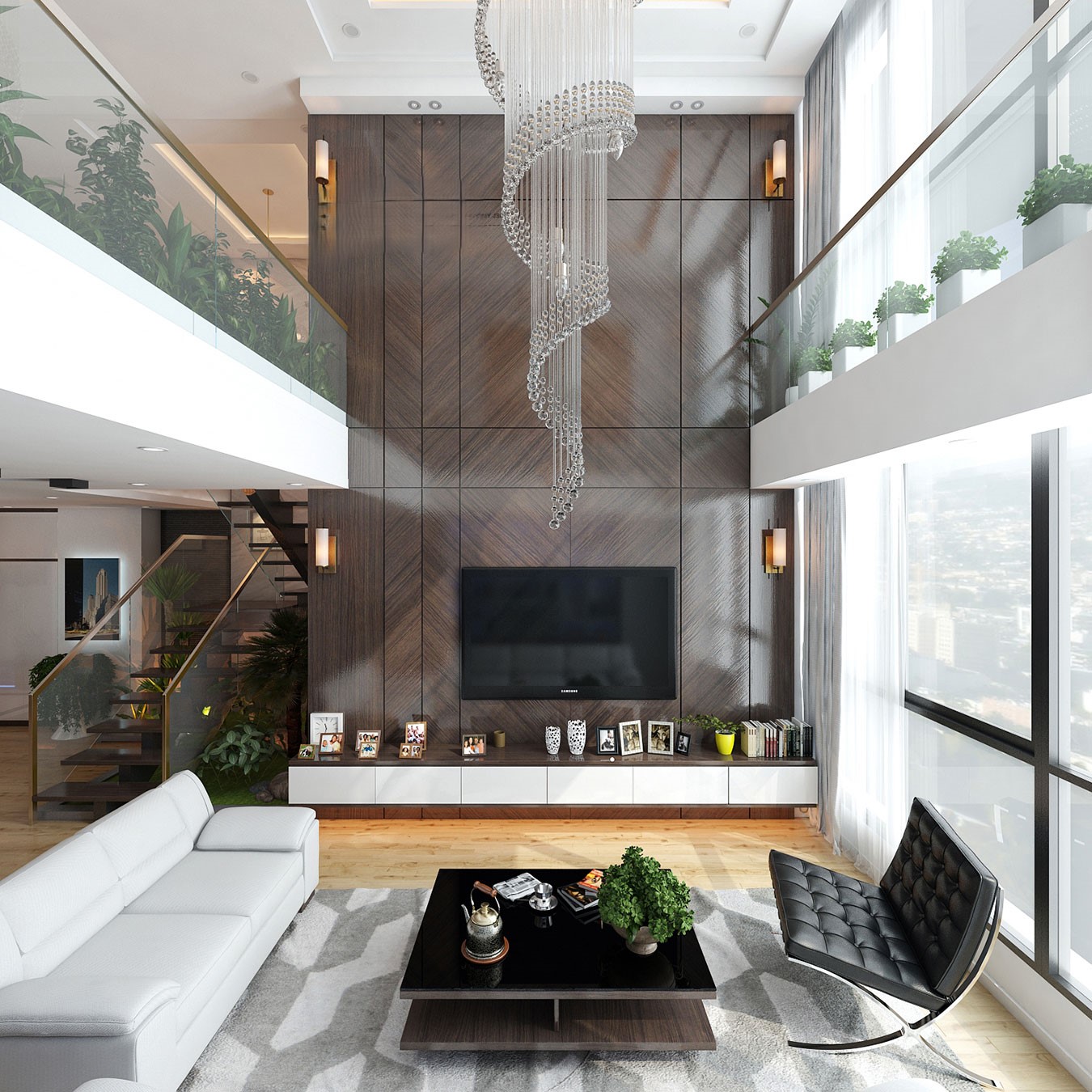 Không gian phòng khách hiện đại có sofa trắng, bàn thấp cùng đèn chùm sang trọng, với các cửa sổ lớn tràn ngập ánh sáng tự nhiên.