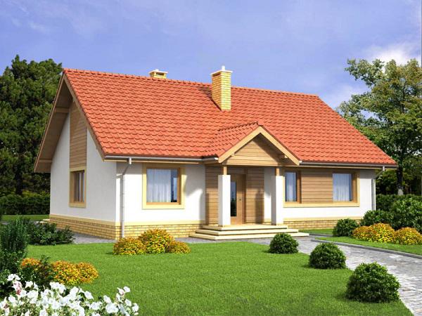 Ngôi nhà nhỏ một tầng với mái ngói đỏ, vườn cây xanh hoa lá, dưới bầu trời tươi sáng.