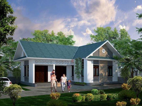 Nhà cấp 4 có mái thái xanh, sân vườn rộng với cây cối xung quanh, gia đình đi bộ trước cổng.