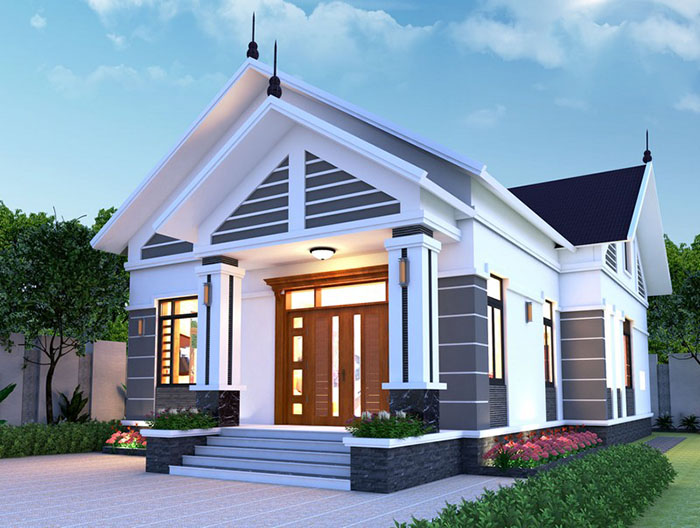 Nhà cấp 4 hiện đại, sơn trắng với mái tam giác và cột trụ, xung quanh là cây xanh và hoa.