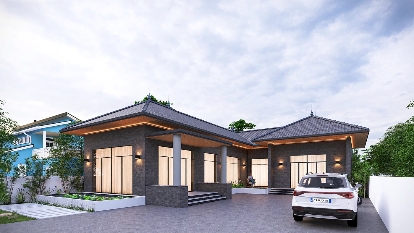 Nhà mái ngói hiện đại với sân và cây xanh, xe ô tô đậu trước nhà vào buổi chiều, trời nhiều mây.