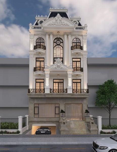 Biệt thự tân cổ điển nổi bật với cột trắng, cửa sổ lớn và gara ô tô, mặt tiền rộng tại trung tâm.