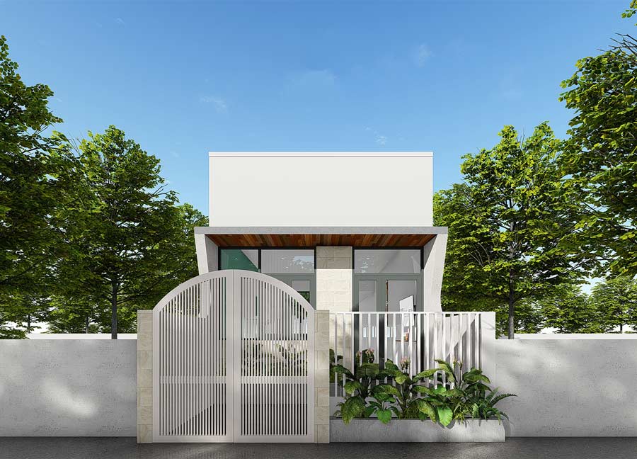 Ngôi nhà hiện đại với cổng và sân nhỏ, nằm giữa hàng cây xanh tươi mát.