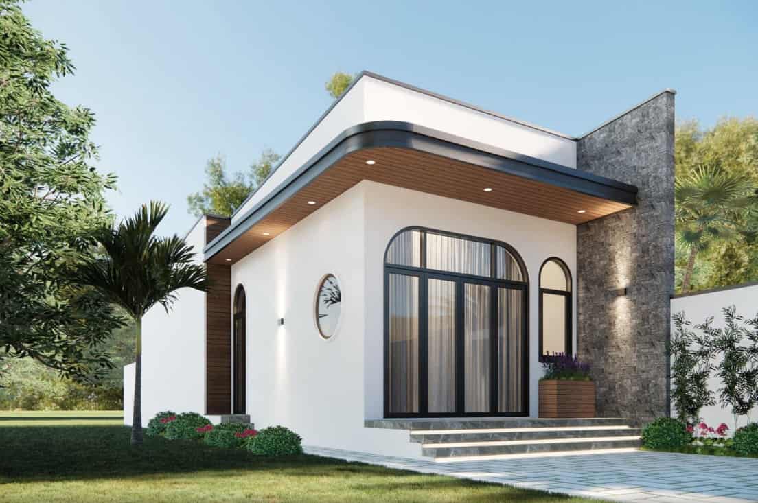 4-2-1 Nhà cấp 4 hiện đại với mái bằng, cửa kính lớn, và khu vườn xanh mát xung quanh, tạo không gian thoáng đãng.