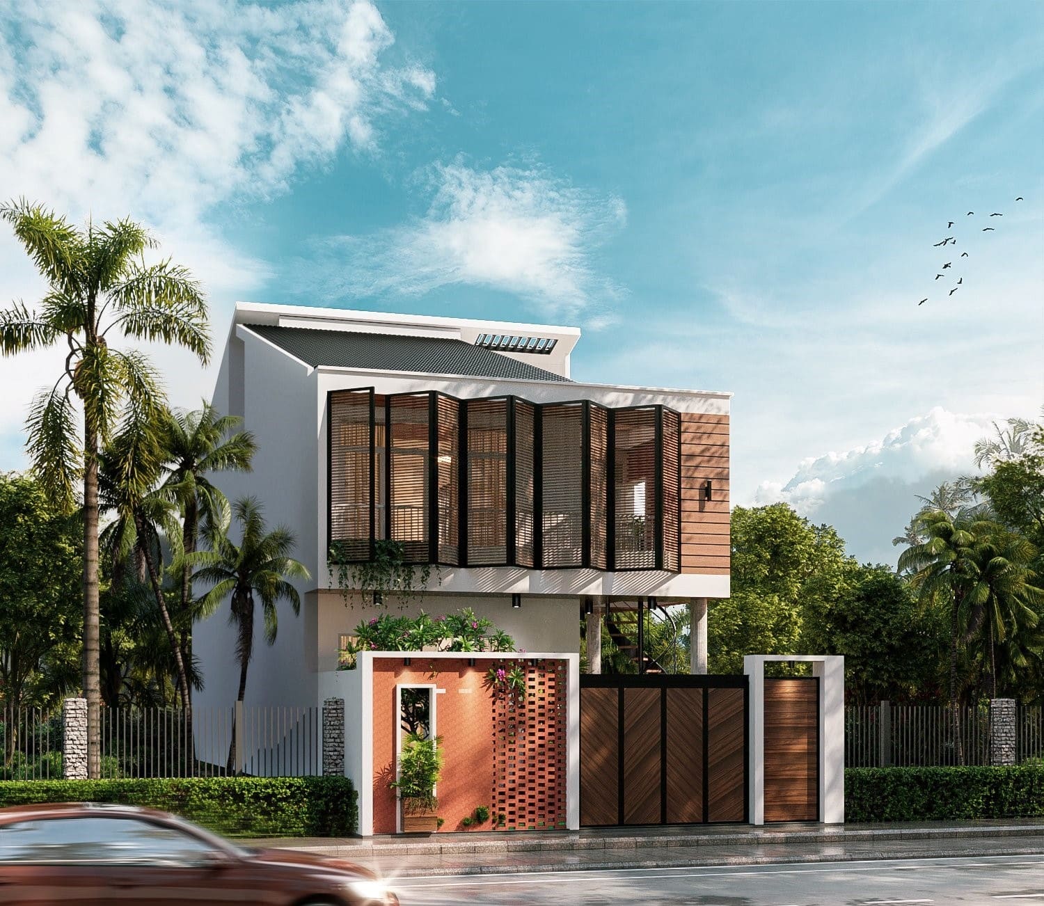 Ngôi nhà hiện đại với mái màu trắng, cửa kính lớn, bao quanh bởi cây xanh và bầu trời quang đãng.