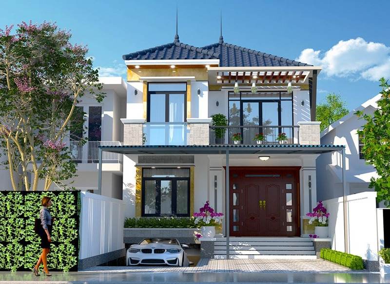 Ngôi nhà hiện đại 2 tầng với sân trước và xe hơi, thiết kế mái ngói xanh và cửa sổ kính lớn.