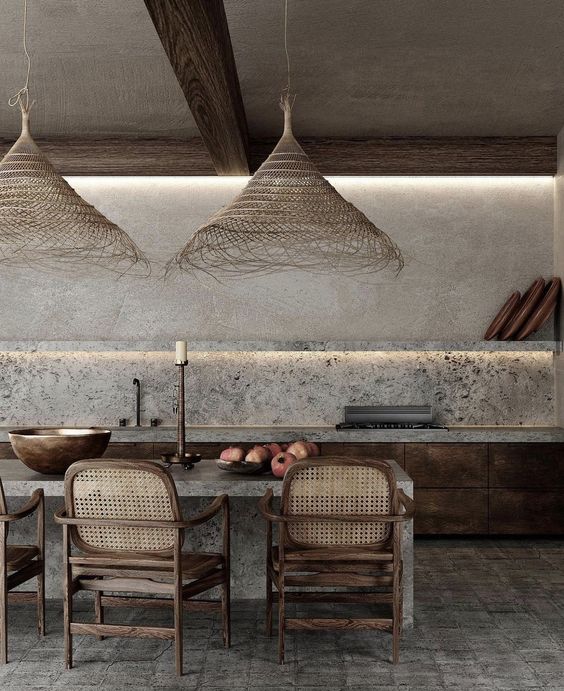 4-goi-y-lua-chon-vat-lieu-noi-that-phong-cach-wabi-sabi-xu-huong-thiet-ke-13 Nhà bếp thiết kế hiện đại với đèn treo độc đáo và bàn đá tự nhiên, ghế gỗ nâu sang trọng.