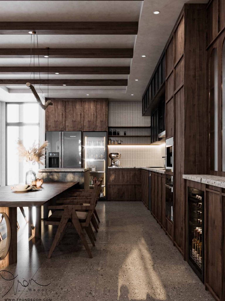 Nhà bếp hiện đại với nội thất gỗ tinh tế, ánh sáng tự nhiên chiếu sáng không gian ấm áp và sang trọng.