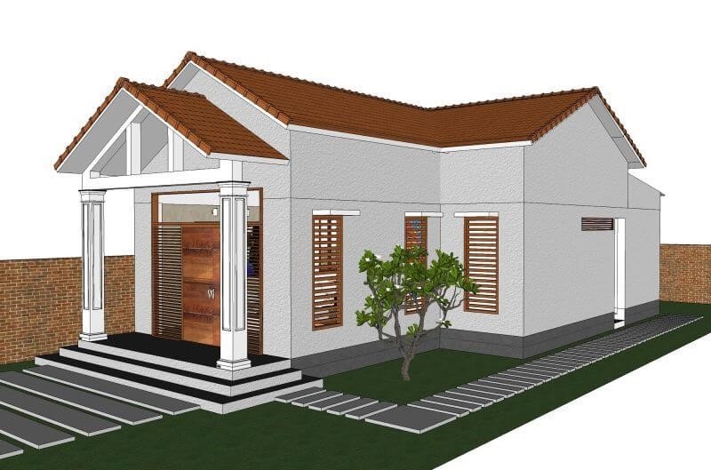 Nhà cấp 4 với mái ngói đỏ, sân vườn xanh mát và tường gạch bao quanh.