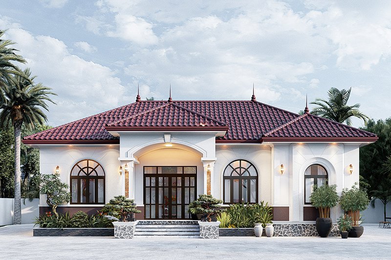 Nhà cấp 4 mái ngói đỏ đẹp với vườn cây xanh và thiết kế hiện đại, phong cách phương Tây.