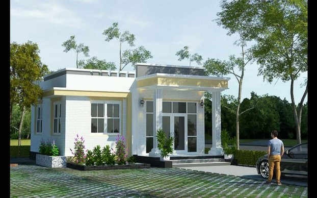 40-7-1 Ngôi nhà cấp 4 hiện đại với sân vườn xanh mát, kính lớn, cây xanh xung quanh và người đàn ông bên xe đạp.