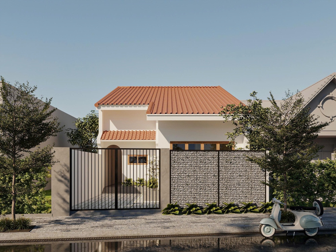 Ngôi nhà cấp 4 hiện đại với mái ngói đỏ, hàng rào đá và xe tay ga đỗ trước sân.