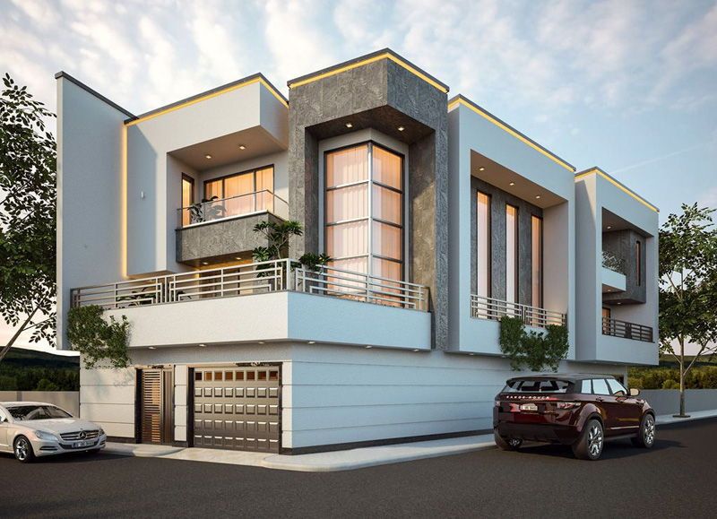 Ngôi nhà hiện đại hai tầng với kiến trúc độc đáo, cửa kính lớn và xe ô tô đỗ phía trước.