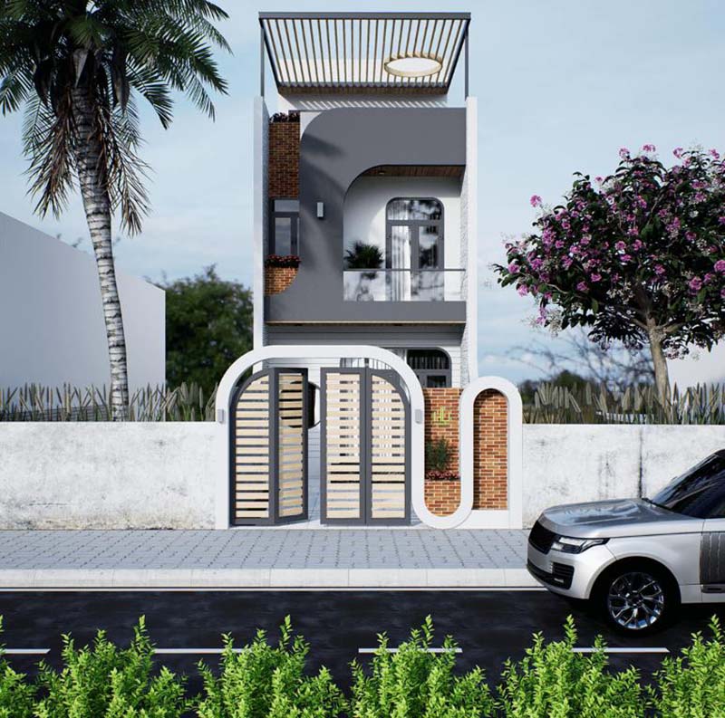 Ngôi nhà ba tầng hiện đại với cổng sắt, cây xanh bao quanh, và ô tô đậu trước.