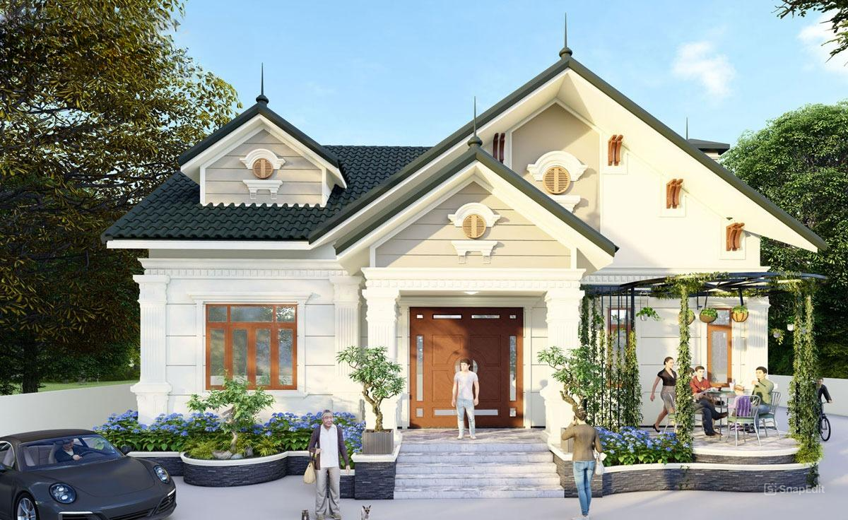 Nhà hiện đại hai tầng với sân vườn xanh mát, ô tô đỗ, gia đình bên ngoài.