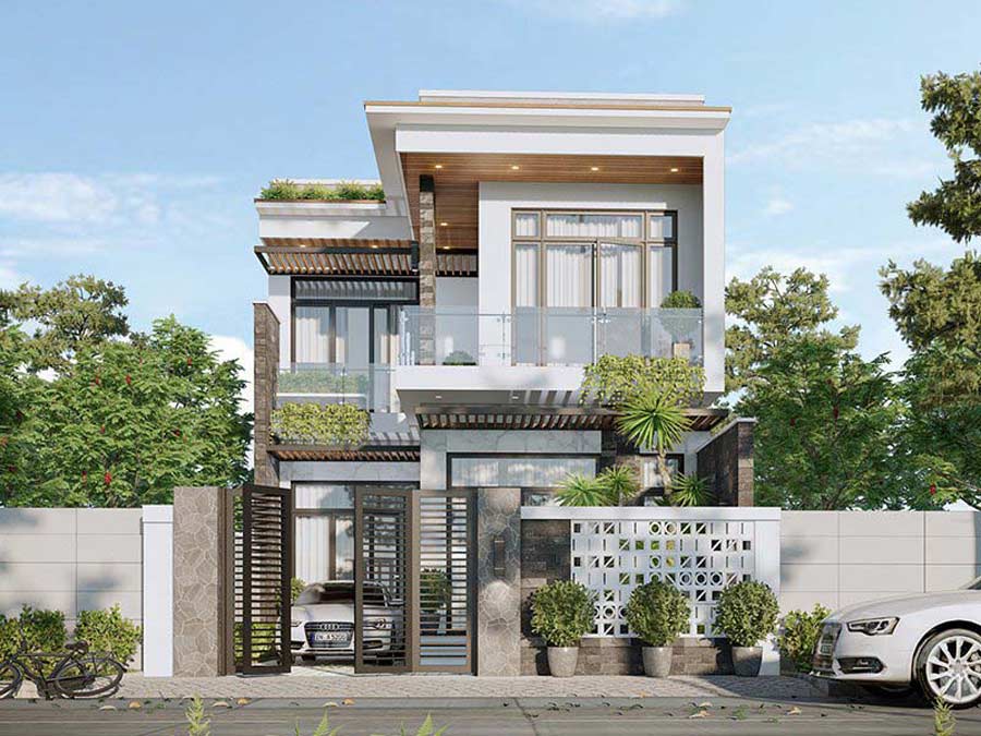 Nhà phố hiện đại hai tầng với sân vườn và xe ô tô đỗ phía trước, thiết kế tối giản và nhiều cây xanh.