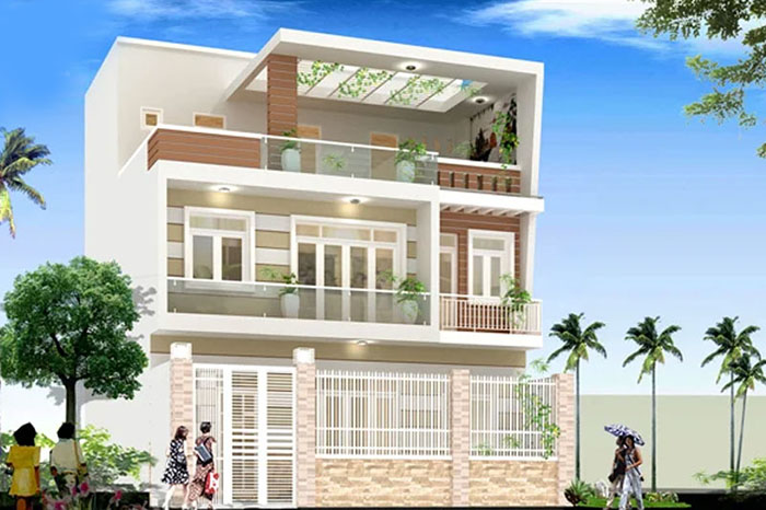 Nhà phố hiện đại ba tầng với ban công rộng, cây xanh và bầu trời trong xanh.