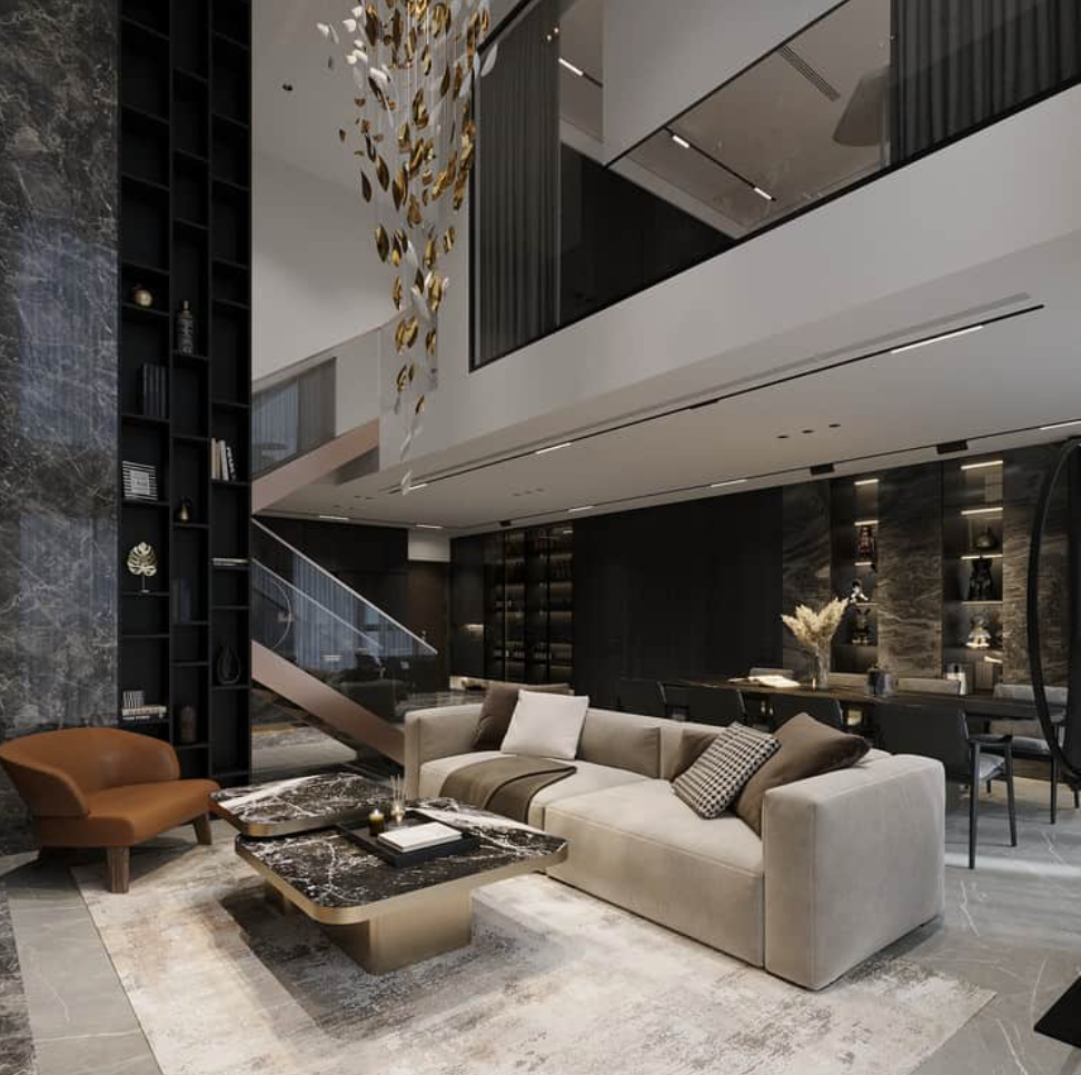 Phòng khách với phong cách sang trọng, sofa màu beige, bàn đá đen, ghế da nâu và đèn trang trí hiện đại.