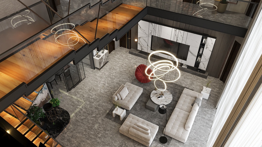 Không gian phòng khách hiện đại, nội thất sang trọng với đèn trần đầy sáng tạo và cầu thang gỗ nổi bật.