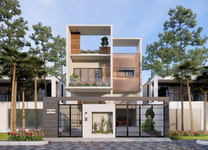 Nhà hiện đại ba tầng với thiết kế tối giản, cây xanh và cổng lớn trước nhà, phong cách kiến trúc đương đại.