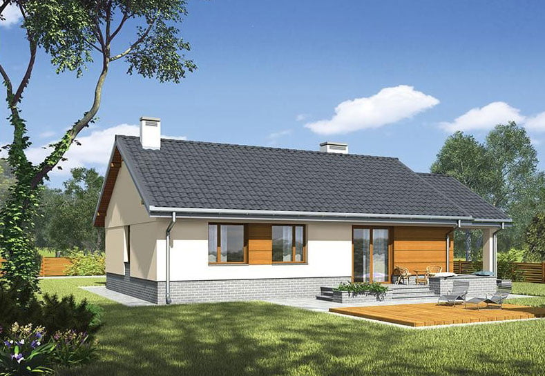 Ngôi nhà cấp 4 hiện đại với mái ngói xám, sân vườn xanh mát và hiên nhà rộng rãi.