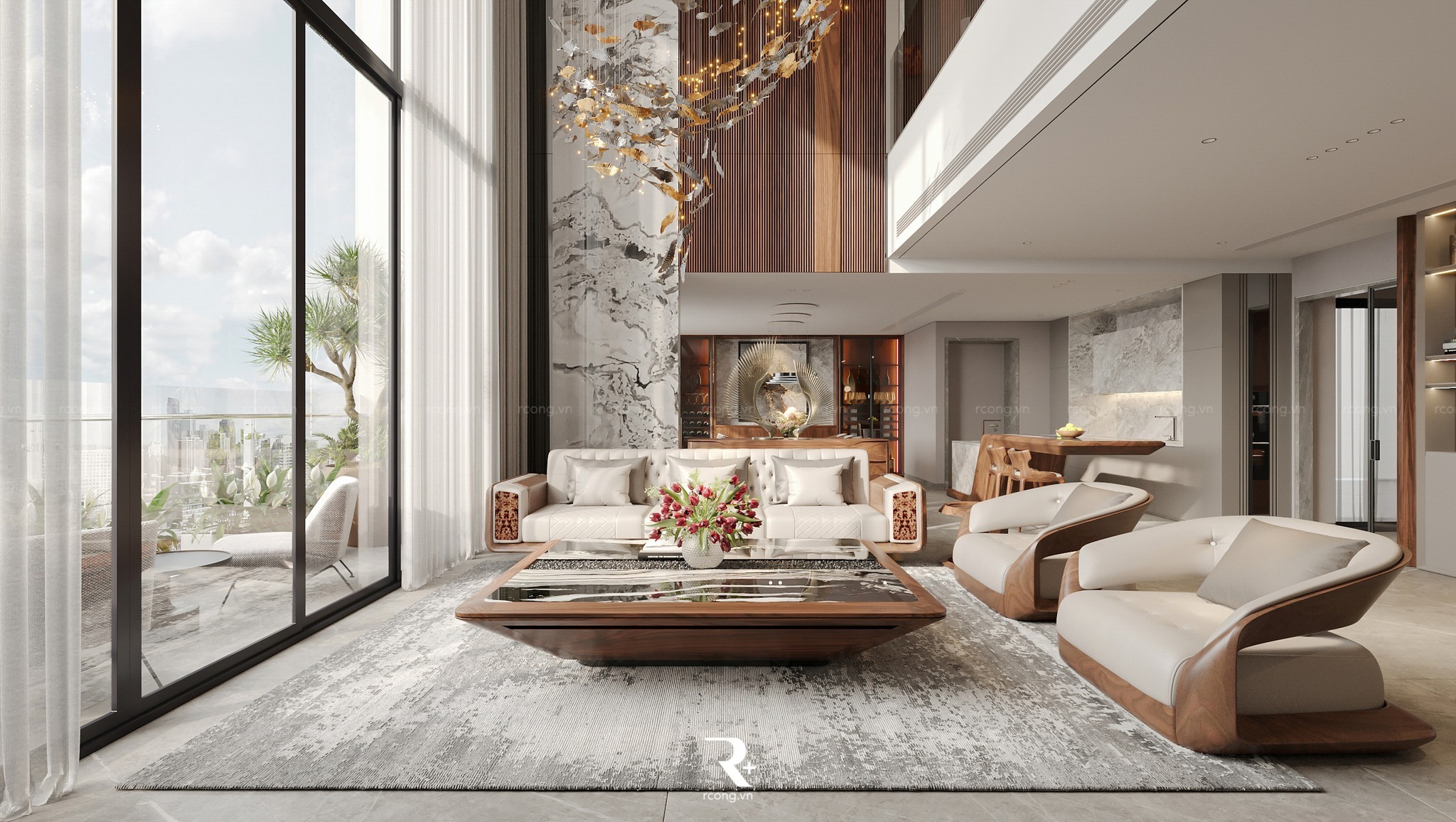 Phòng khách hiện đại với nội thất cao cấp, cửa kính lớn nhìn ra ngoài trời, tông màu trang nhã và sang trọng.