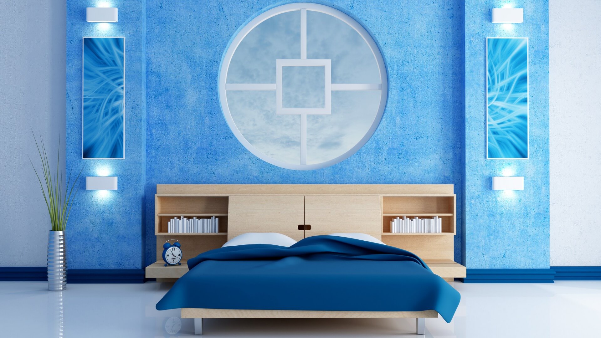 Phòng ngủ hiện đại với tường xanh, giường đôi và cửa sổ tròn lớn.